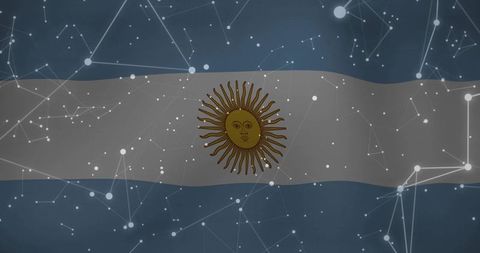 Argentine Flag Featuring Sun of May with Digital Network Overlay and Constellation Grid