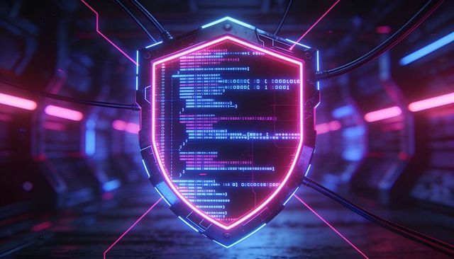 Neon holographic shield protecting digital network with scrolling code and data cables