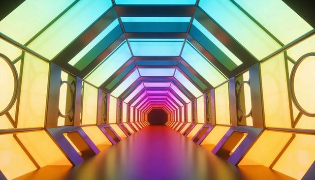 Glowing hexagonal tunnel drawing eye inward with neon gradient panels, reflective symmetry