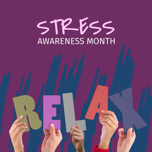 Composition of stress awareness month text over hands holding relax text on purple background. Stress awareness month concept digitally generated image.