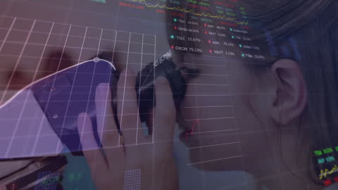 Young Girl Exploring Science Through Microscope with Market Data Overlay