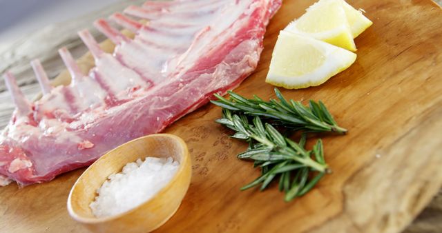Fresh Rack of Lamb with Rosemary and Lemon on Wooden Board - Download Free Stock Photos Pikwizard.com