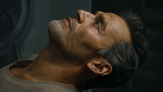 Reclining mature man gazing upward with graying stubble and dramatic studio lighting