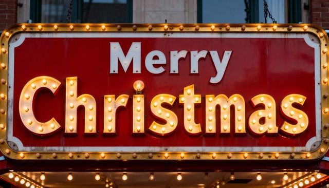 Vintage merry christmas marquee with warm incandescent bulbs on festive urban facade