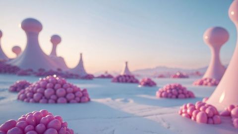 Surreal alien terrain with glossy pink spheres at sunset