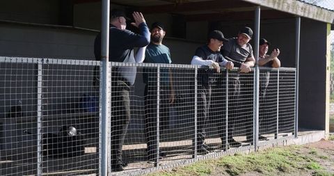 Diverse baseball teammates leaning on dugout fence, chatting and laughing in sunny game