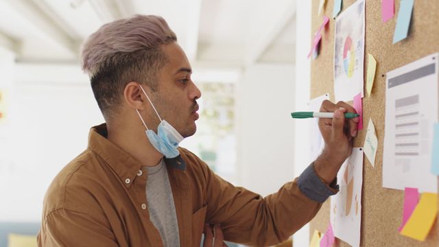 (This video shows a male professional, partially masked, adding notes to a bulletin board in a creative office setting. The videory highlights teamwork, brainstorming, and effective planning, especially crucial during the Covid-19 pandemic. This visual is ideal for articles or materials focused on modern workplace practices, health guidelines, corporate strategy sessions, and collaborative environment necessities.)