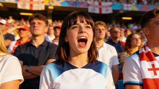 Young woman cheering passionately in stadium crowd wearing team shirt and scarf