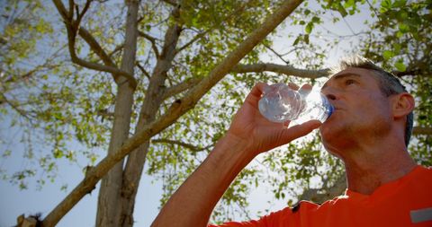 Fitness Trainer Hydrating Under Sunlit Trees, Low Angle Shot - Download Free Stock Images Pikwizard.com