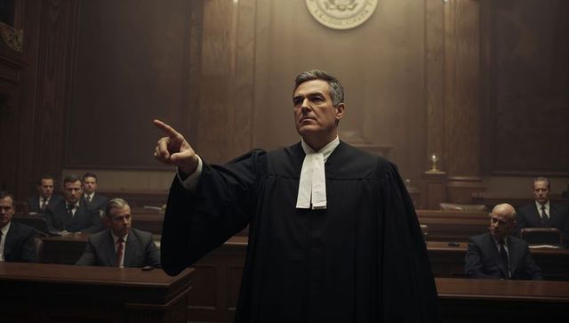 Courtroom advocate pointing during dramatic trial in historic judicial chamber