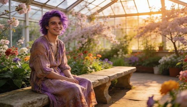 Smiling purple-haired man wearing boho robe and layered necklaces in sunlit greenhouse