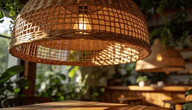 Rattan pendant lamp casting warm edison glow over wooden table in cozy botanical cafe