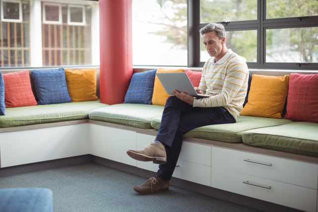 Middle-aged male teacher sitting on a bench in a modern school library, using a laptop. The library features colorful cushions and large windows, creating a bright and inviting atmosphere. Ideal for use in educational content, technology in education, and professional development materials.