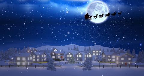 Santa in Sleigh Over Winter Village at Night - Download Free Stock Images Pikwizard.com