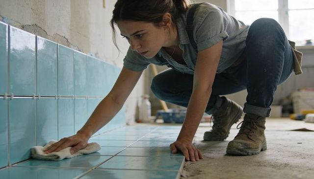 Female renovator scrubbing blue ceramic floor and wall tiles during bathroom renovation
