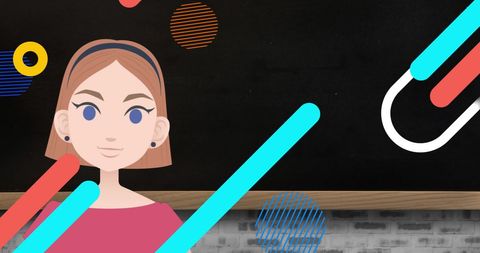 Animated teacher illustration with vibrant abstract shapes