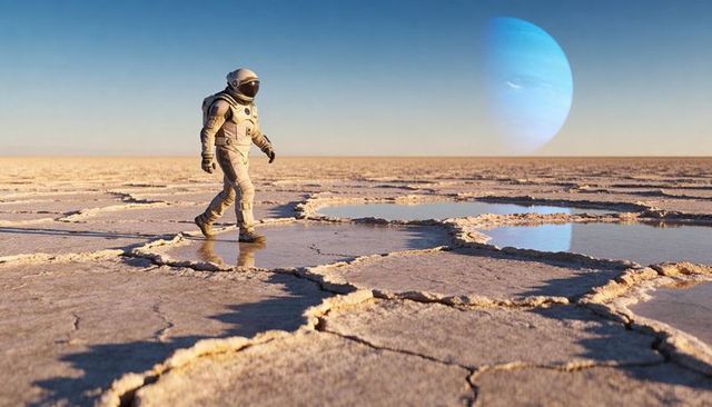 Solitary astronaut walking across cracked saltflat at sunrise under distant blue gas giant