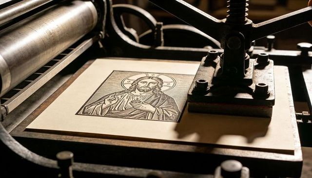 Vintage printing press pressing linocut icon of christ on cream paper