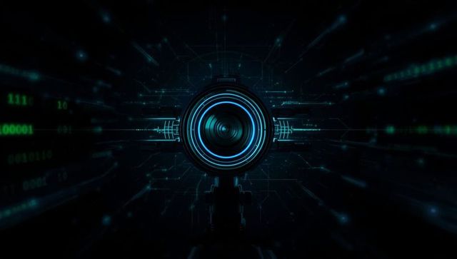Futuristic camera lens with glowing neon circuits and pulsing binary code
