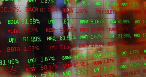 Led ticker displaying red and green percentages on glass grid over trading floor