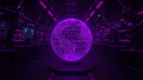 Holographic Pink Globe Display in High-Tech Control Room