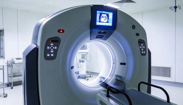 Modern ct scanner gantry with glowing blue light and patient couch in diagnostic radiology
