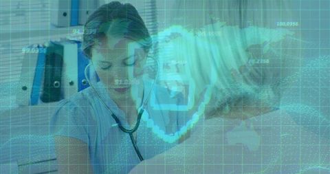 Doctor with stethoscope employing digital medical technology