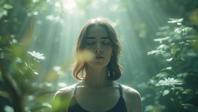 Serene Woman Amidst Sunlit Forest with Wildflowers
