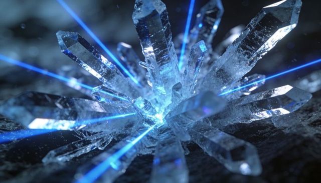 Iridescent blue crystal cluster radiating laser beams on dark mineral surface prism glow