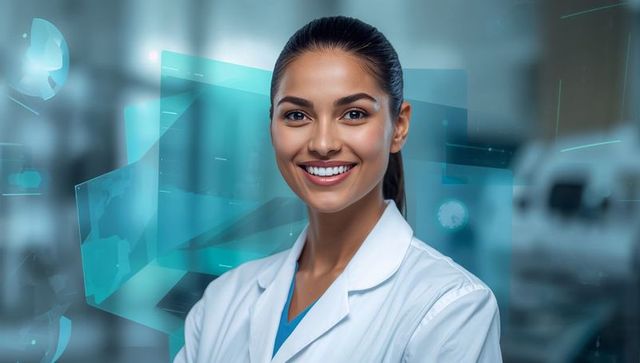 Smiling female doctor wearing lab coat and teal scrubs in futuristic medical interface