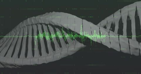 3D DNA Helix with Data Overlay and Green Waveforms