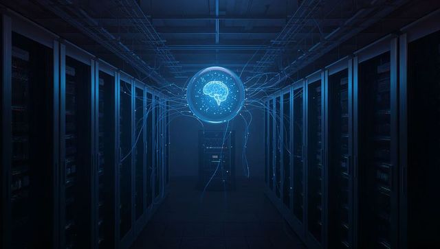 Floating holographic sphere emitting blue brain icon in data center linking server racks