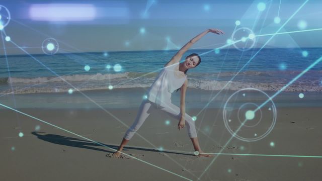 Depicts woman performing yoga stretches on a sunny beach with digital network overlay. Symbolizes balance between physical wellness and modern technology. Ideal for illustrating concepts of healthy lifestyle, mindfulness, and tech innovations in fitness. Suitable for blogs, advertisements, and wellness promotions.