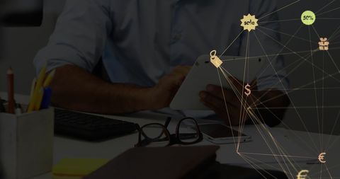 businessman utilizing tablet with digital network icons - Download Free Stock Images Pikwizard.com