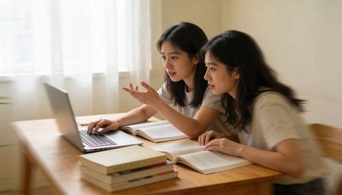 Two female students studying together with laptop and open books for exam preparation
