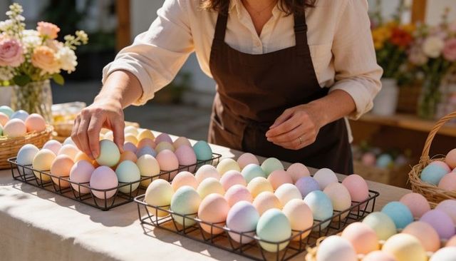 Vendor arranging pastel easter eggs on rustic sunlit market stall for spring displays