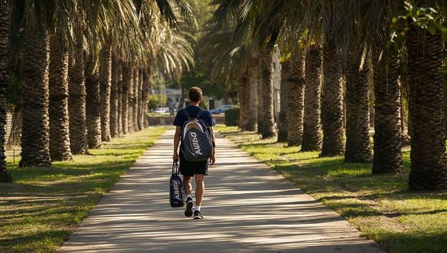 Teen athlete walking palm-lined campus path carrying tennis backpack and duffel