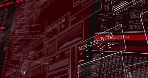 Cybersecurity console displaying code, encryption alert and futuristic wireframe dashboard