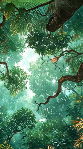 Tilting upward through tropical canopy revealing spiraling vine, lush green jungle motion