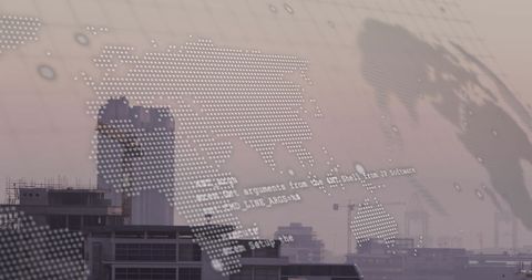 Digital World Map Overlay on Urban Skyline Representing Global Data Processing - Download Free Stock Images Pikwizard.com