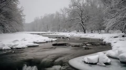 Flowing winter river cutting through snowy forest with drifting ice shelves in slow motion
