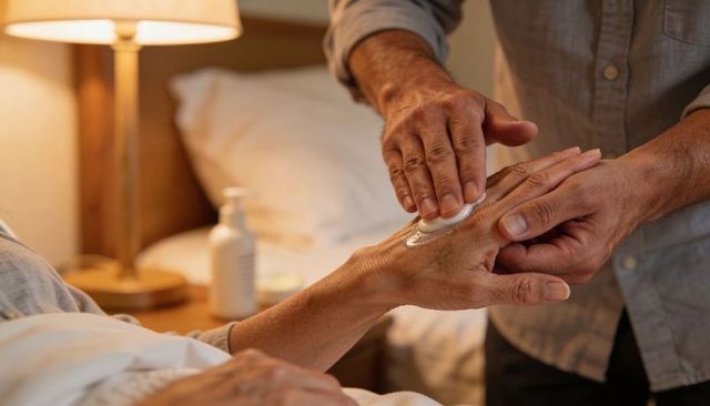 Caregiver applying lotion and gently moisturizing senior hand at bedside warm bedroom lamp
