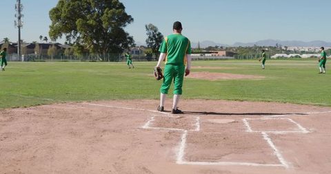 Male Baseball Team Standing on Home Plate Fielding in Green Uniforms at Suburban Park