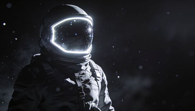 Solitary astronaut in deep space with illuminated visor glow and floating cosmic dust