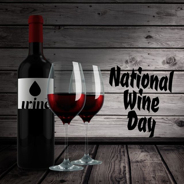 Composite of national wine day text by red wine bottle and glass against wood background, copy space. illustration, national wine day, celebration, alcohol and drink.
