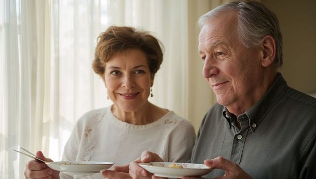 Senior couple sharing morning tea and cereal, smiling gently in cozy window light