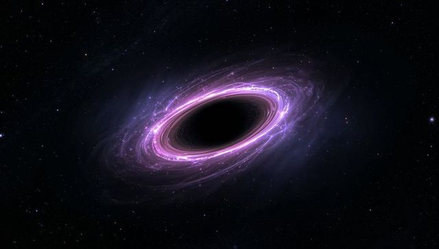 Glowing purple accretion disk in deep space