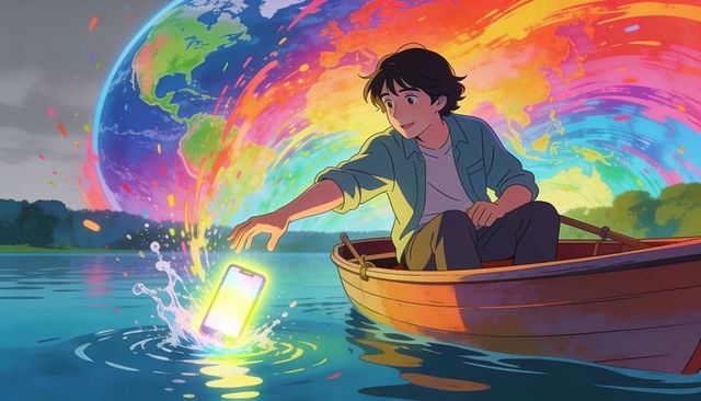 Teen reaching for glowing smartphone from rowboat on lakeside under surreal rainbow sky
