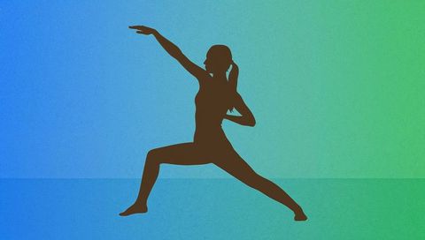 Silhouette woman practicing standing lunge on blue-green gradient floor line
