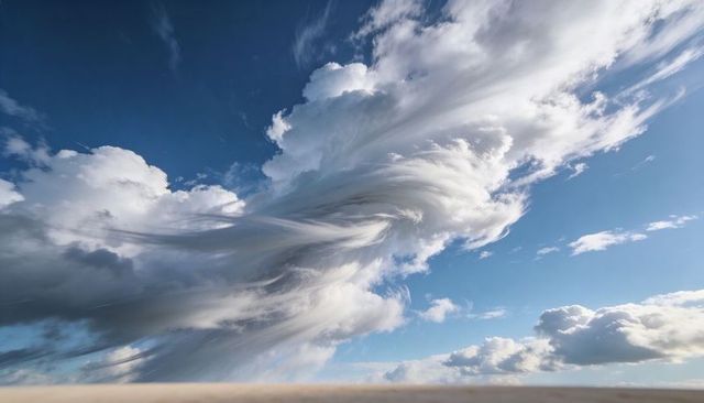 Twisting cloud vortex stretching across sunlit blue sky over wide plains